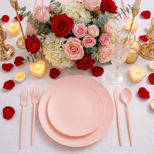 EI 150pcs Pink Plastic Plates Pink Disposable Heavy Duty Plastic Plates for Party Dinnerware Set Pink Plastic Silverware for Party Wedding Afternoon Tea,Spring,Mother's Day,Valentine's Day,Easter - color: Pink Frosted Plastic Plates