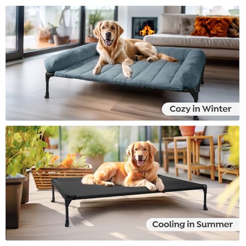 Veehoo Orthopedic Elevated Dog Bed with Fluffy Plush Bolster Cushion, Indoor Raised Dog Beds for Large Dogs, Soft Pet Sofa Cot with Removable Washable Mat, No-Slip Feet, 32 x 25 inches, Haze Blue - color: Haze Blue, size: 32.0"L x 25.0"W x 7.0"Th