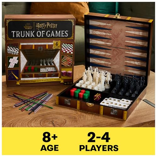 Spin Master Games, Wizarding World of Harry Potter Trunk of Games 6-in-1 Wooden Storage Box, for Muggle Fans of Harry Potter Movies, Chess Wizard, Pick-Up Wands & More, 2-4 Players, for Ages 8 & Up - color: 6-in-1 Game Box