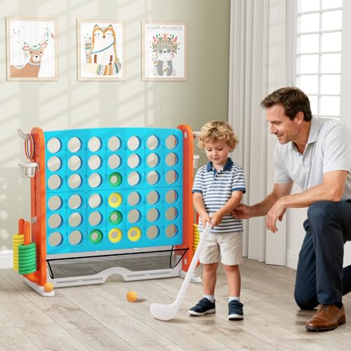 COSTWAY Giant 4-in-A-Row Connect Game Set, Height Adjust 4-to-Score Game with Mesh, Golf, Ring Toss Sets, Basketball & Cup Holders, Indoor Outdoor Yard Party Game for Kids Adults, Family (Blue) - color: Blue & Orange