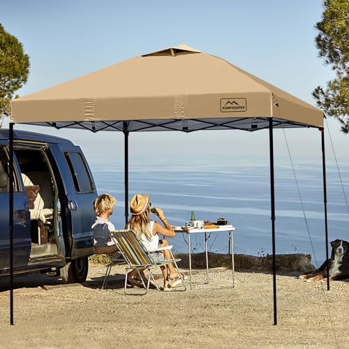 KAMPKEEPER One Person Setup 10x10 Pop up Canopy Tent, Instant Portable Canopy, One Push Outdoor Canopy with 3 Adjustable Heights, Wheeled Carry Bag, Bonus 8 Stakes(Khaki, 10x10FT with one Push) - color: Khaki, size: 10x10FT with one push