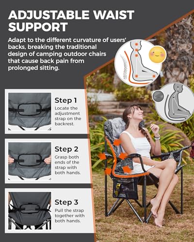 KingCamp Oversized Camping Chair with Adjustable Lumbar Support, 550lbs Heavy Duty Padded Folding Lawn Chair for Adults, Outdoor Armchair with Cooler Bag, Cup Holder & Side Pocket for Fishing, Travel - color: 1 Pack-grey/Lightgrey