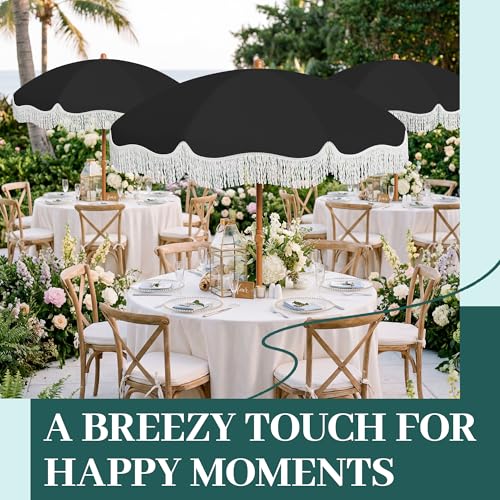 AreShark 7ft Patio Umbrella with Fringe, UPF50+ Beach Umbrella for Table, Pool & Garden, Portable Outdoor Tassels Umbrella w/Fiberglass Ribs&Push Bottom Tilt(Black) - color: Black, size: 7FT