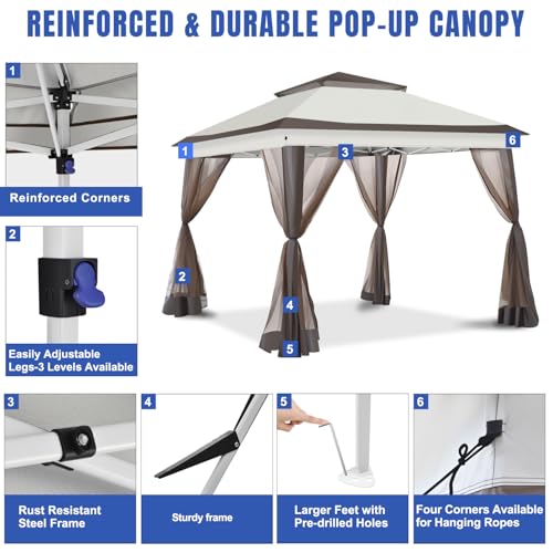 Yesker 10x10 Pop Up Canopy Tent w Mesh Netting Sidewall Vented Top - Heavy Duty Outdoor Canopy, Easy Setup Shelter Gazebo Waterproof 10x10 Popup Tnets for Patio Backyard Parties & Events, Khaki Brown - size: 10x10FT Khaki Brown w Netting Sidewall