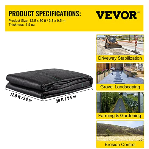 VEVOR Driveway Fabric, 12.5x30ft-3.5oz Woven Landscape Fabric, Weed Fabric Barrier Heavy Duty, Garden Fabric Weed Barrier, Weed Control Fabric, Geotextile Fabric, Weed Block Gardening Mat, Landscaping - size: 12.5FT*30FT-3.5OZ, style: Woven