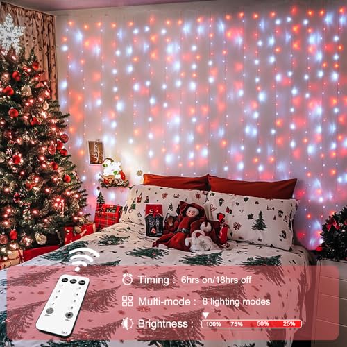 JMEXSUSS 300LED Red and White Christmas Curtain Lights with Remote, 9.8x9.8ft Christmas String Lights Plug in, 8 Modes Twinkle Hanging Fairy Lights for Bedroom Window Wall Porch Indoor Outdoor Decor - color: Red and White, size: 300 LED