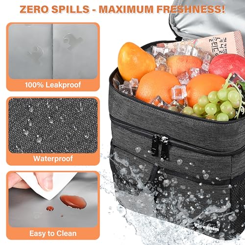 Tirrinia Large Insulated Lunch Box for Women Men, Double-Layer Leak-Proof Reusable Lunch Bag with 4 Pockets for Adult, Lunch Bag Cooler Tote for Office Work and Travel,Black - color: Black, size: Large Double Layer-17L