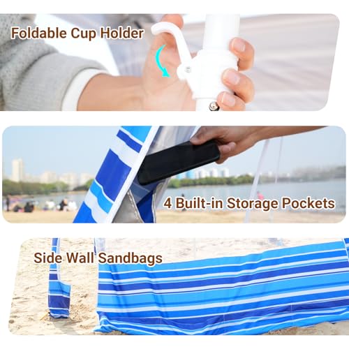 8'x8' Beach Cabana, UPF 50+ Large Beach Canopy with Side Wall, Easy Setup Pop Up Sun Shelter, Adjustable Height & Wind Resistant Beach Tent for 4-6 Person Family, Light Blue