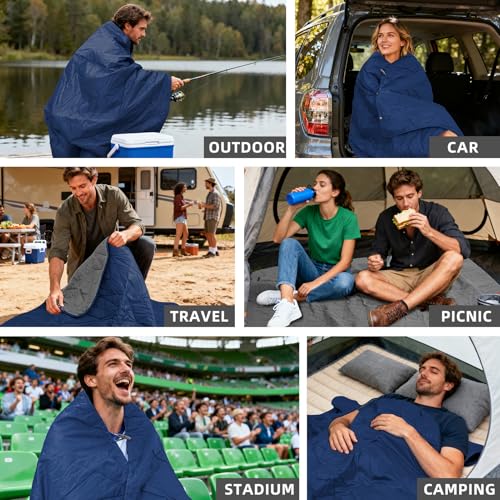 Large Outdoor Waterproof Blanket Extra Thick Fleece Stadium Blanket for Camping, Car, Pet, Picnics - Windproof, Wearable, Machine Washable 80" x 58" (Deep Blue,Hooded) - color: Hooded-deep Blue