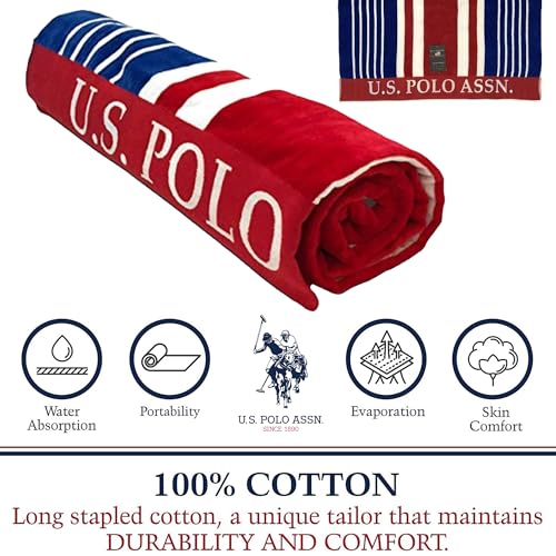 U.S. Polo Assn. Oversized (40” x 70”) Striped Nautical Design Beach Towel - Luxury Plush Cotton Hotel Quality for Bath, Pool - Blue/Red/White - color: Blue/Red/White, size: 40" x 70"