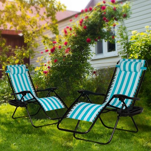 Nazhura Set of 2 Relaxing Recliners Patio Chairs Adjustable Steel Mesh Zero Gravity Lounge Chair Beach Chairs with Pillow and Cup Holder (Light Blue Stripe) - color: Light Blue Stripe