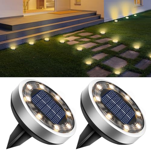 btfarm 2 Pack Solar Lights Outdoor, 8 LED Solar Ground Lights IP65 Waterproof Flat Solar Disc Light, Pathway Lights for Garden Lawn Patio Yard Path Landscape, Warm White - color: Warm White, size: 2 Pack