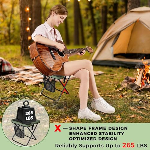 12" Portable Collapsible Stool - Folding Chair with Storage Pouch, Convertible Satchel for Hands-Free Carry & Supports 265Lbs, Ultralight for Hiking, Fishing, Camping, Festivals (Green, Standard) - color: Green, size: Standard