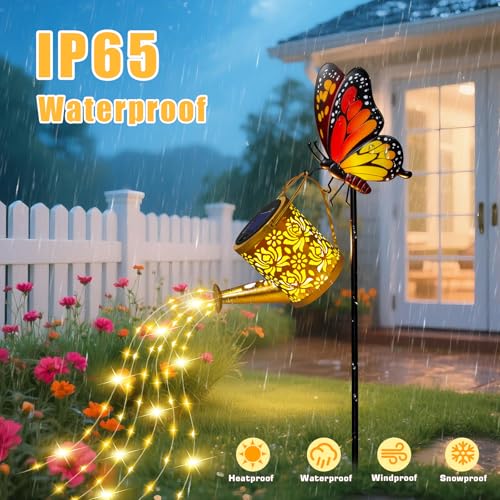 Solar Lights Garden Decor, Waterproof Solar Watering Can with Butterfly Garden Stakes, Outdoor Light with Cascading Lights for Outside Patio Lawn Porch, Birthday Gift for Women - color: Butterfly 1 Pack