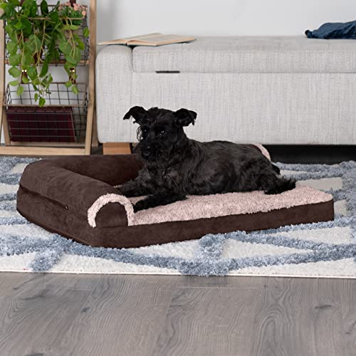 Furhaven Cooling Gel Dog Bed for Medium/Small Dogs w/ Removable Bolsters & Washable Cover, For Dogs Up to 35 lbs - Two-Tone Plush Faux Fur & Suede L Shaped Chaise - Espresso, Medium - color: (Two-Tone Faux Fur & Suede) Espresso, size: Medium