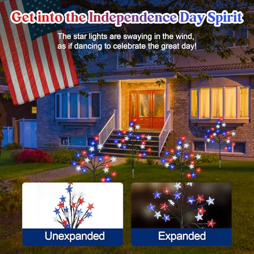 Lewondr 4th of July Decorations Solar Garden Lights, Outdoor Red Blue White Star Solar Lights, Waterproof Patriotic Decor with 20 LED 2 Lighting Modes for Independence Day Memorial Day, 4 Pack - size: 4 Pack, style: Red White Blue Stars