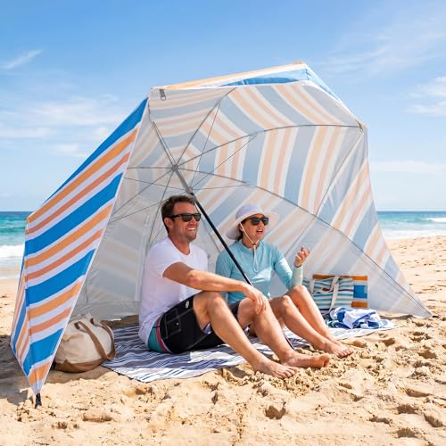UPWELL Beach Tent Easy Set Up Canopy Sun Shelter Shade with UPF 50+UV Protection Portable Beach Umbrella Outdoor Sunwall with Sand Pockets for Fishing Backyard Camping(Holiday Glow) - color: Holiday Glow
