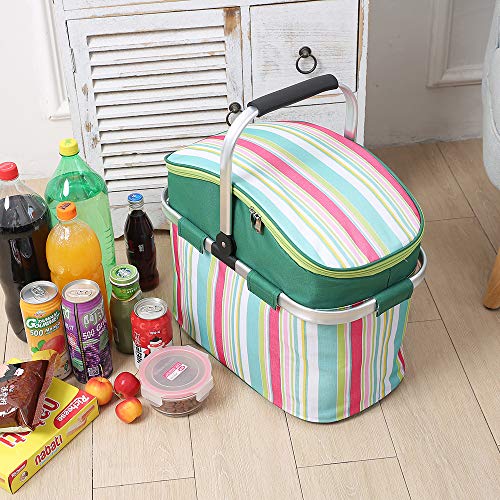 Insulated Picnic Basket 26L Portable Collapsible Market Basket Reusable Picnic Tote with Aluminum Handle Perfect for Camping, Shopping, Travel, Large Size Stylish Cooler Bag (Stripe) - color: Stripe