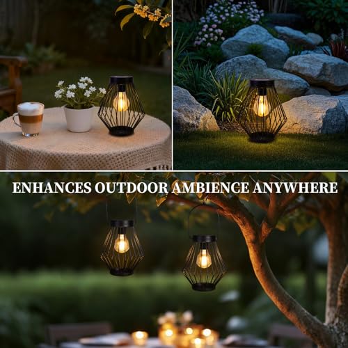 Solar Lanterns Outdoor Waterproof, 2 Pack Metal Decorative Hanging Lantern Lights with Warm White LED Bulb, Solar Powered Patio, Yard & Garden Decor, Ideal for Housewarming & Christmas Gifts