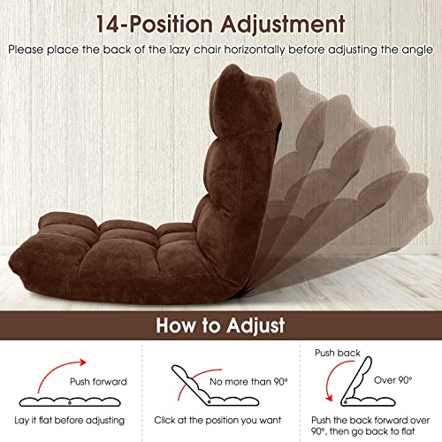Giantex Folding Sofa Chair with 14 Adjustable Positions, Padded Sleeper Bed, Couch Recliner, Gaming Floor Chair for Adults (Brown) - color: Brown, size: 26.5"x22.5"x22"