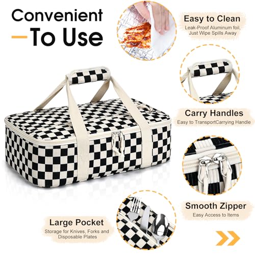 Corduroy Casserole Carrier, Insulated Lasagna Lugger for Hot/Cold Food, Fits 9" x 13" Baking Dish, Thermal Lunch Tote for Potluck & Picnic -Corduroy Black Checkered - color: Corduroy Black Checkered, size: 16x10x4 in