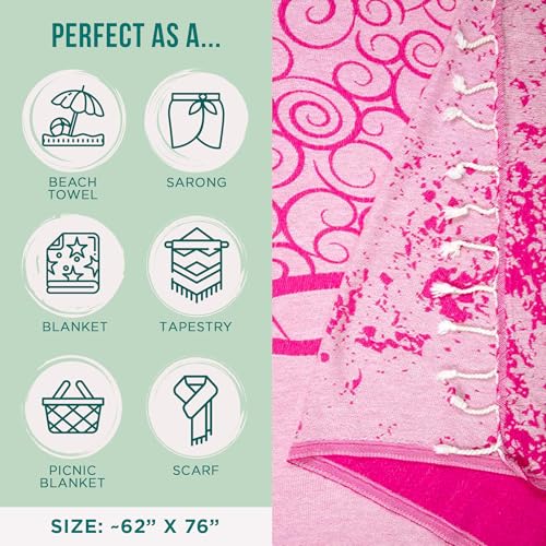 Sand Cloud Turkish Beach Towel - Sand Free - 100% Organic Turkish Cotton Yarn - Quick Dry Towel for Beach, Picnic, Blanket or Bath - As Seen on Shark Tank - Marine Life (Crush Turtle Fucshia) - color: Crush Turtle Fuschia, size: X-Large