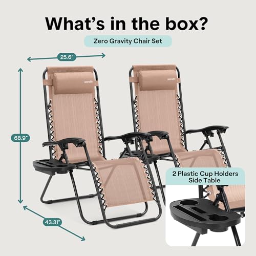 SereneLife Zero Gravity Chairs Set of 2 - Adjustable Steel Mesh Lawn Chairs - Outdoor Lounge Chairs with Detachable Cup Holder Tray - Foldable Outdoor Chair with Removable Pillows - Cream