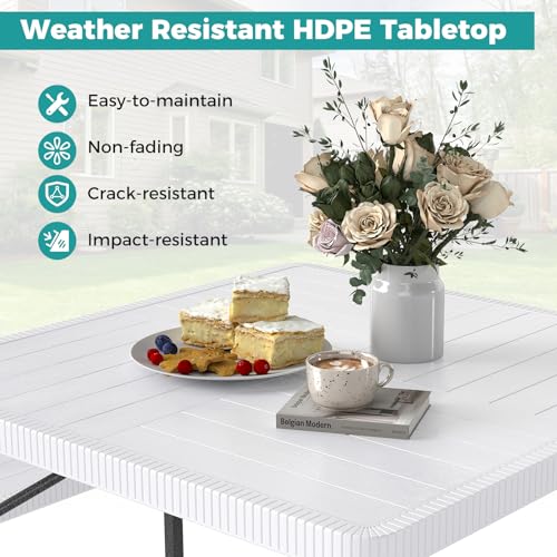 Byroce Outdoor Picnic Table for 4-8 Person, HDPE Picnic Camping Table Set with 4 Benches, Umbrella Hole & Metal Frame, Heavy Duty Square Dining Table Chairs for BBQ in Patio, Yard & Poolside (White) - color: White