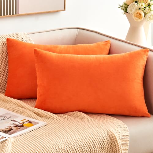 Fall Orange Throw Pillow Covers Decorative Velvet Set of 2 12x20 Inch Pillow Covers, Burnt Orange Lumbar Pillowcases for Couch Sofa Bed Living Room, Farmhouse Boho Decor, Accent Cushion Cover - color: Bright Orange, size: 20" x 12" (Pack of 2)