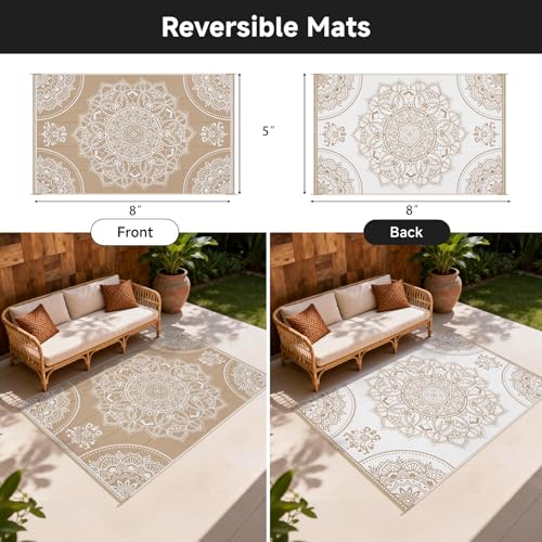 Pauwer Waterproof Outdoor Rug 5x8, Reversible Plastic Straw Patio Camping Rug, Indoor Outdoor RV Mat Carpet for Deck, Camper, Porch, Balcony, Backyard, Picnic, Floral Brown - color: Floral Brown, size: 5' x 8' (Rectangular)