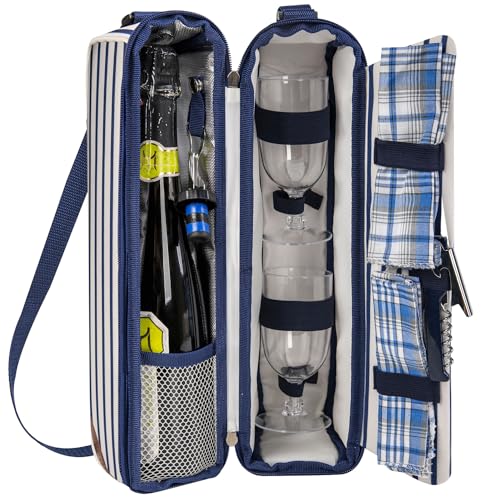 ALLCAMP Wine Tote Bag with Cooler Compartment，Picnic Set Carrying Two Sets of Tableware（Blue Stripe） - color: Blue Stripe, size: 1 Bottle