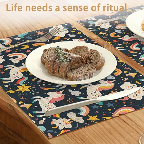 6 Pcs Placemats,Cute Unicorn Placemats,Color Rainbow Table Mats Washable Recyclable Table Placemat for Indoor Outdoor Heat Resistant Kitchen Dining 12"x18" - color: Cute Unicorn,color Rainbow
