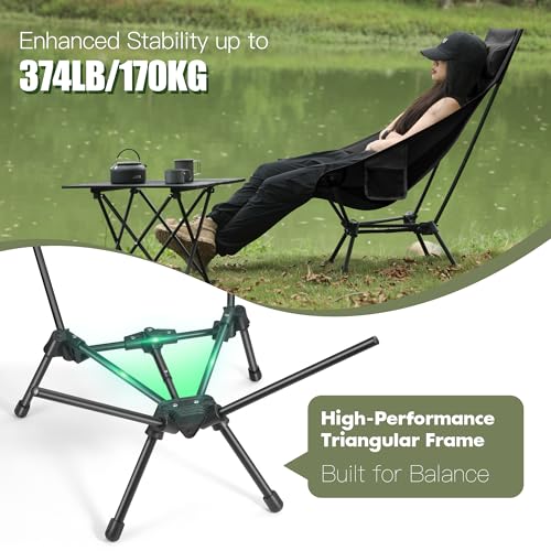 AuroraTrail High Back Folding Camping Chair with Pillow – Lightweight Portable Outdoor Chair with Cup Holder & Carry Bag, Sturdy Aluminum Frame Supports up to 374 lb for Camping, Hiking & Festivals - color: Black Out