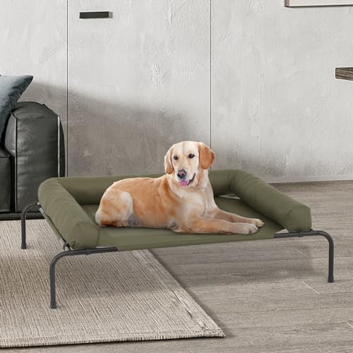 MoNiBloom Outdoor Elevated Dog Bed w/Removable Bolster, Portable Raised Outdoor Dog Bed with Stable Anti-Slip Feet & Breathable Mesh, 48 Inches Length, Dark Green - color: Dark Green, size: 48"L