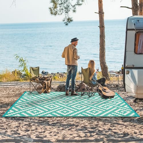GENIMO Outdoor Rug for Patio Clearance, 6'x9' Waterproof Camping Mat, Reversible Plastic Straw Rugs for RV, Camper, Balcony, Backyard, Picnic, Deck (Lake Green & Beige White) - color: Lakegreen&beigewhite, size: 6' x 9' (Rectangular)