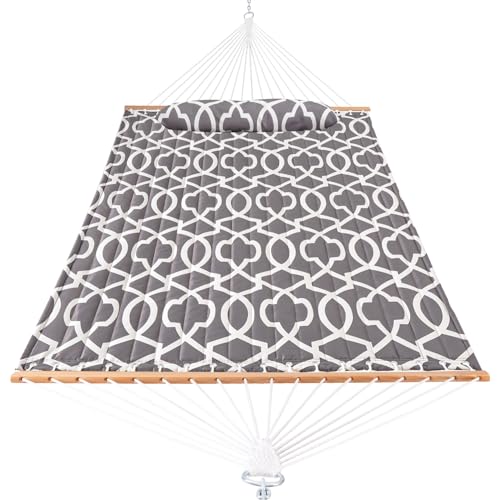 Lazy Daze Hammocks 12FT Quilted Fabric Hammock with Soft Pillow, Double 2 Person Tree Hammock with Spreader Bar for Outdoor Outside Patio Garden Yard, 450lbs Weight Capacity - color: Floral Gray