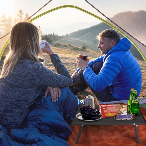 Small Folding Camping Table, Ultralight Portable Mini Beach Table with Carry Bag, Compact Low Side Picnic Tables Aluminum for Beach Camping, Black - color: Black