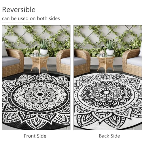 famibay Round Outdoor Rugs for Patios 8ft Boho Plastic Outdoor Rug Waterproof Reversible Circle Outside Rugs Lightweight Portable All Weather Outdoor Carpet for Patio Backyard Porch(Black and White) - color: Black/White, size: Round 8ft