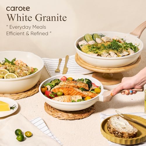 CAROTE 14 Pcs Pots and Pans Set Nonstick,Cookware Set Kitchen Cooking Set with Utensil and Pan Protectors Mothers Day - color: Cream White