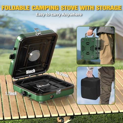 2 Burner Camping Stove, 20000 BTU Propane Camp Stove Portable Folding Gas Travel Stove Camping Essentials Gears Includes Grill,Carrying Bag, Adjustable Burners & Piezo Ignition for Tailgating,BBQ,Camp