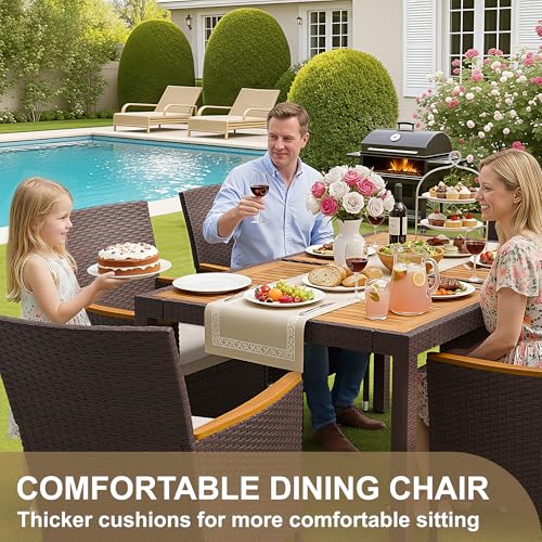 Devoko Dining 7 PCS Furniture, Patio Conversation Set with Acacia Wood Table Top, Outdoor, Beige Cushion and Brown Rattan - color: Brown, style: 7 Piece Dining Set