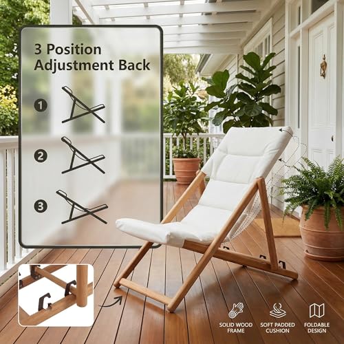 Folding Lounge Chairs Outdoor, Patio Chairs with Cushions, 3-Position Adjustable Patio Lounge Chairs Set of 2, No Assembly Required Eucalyptus Patio Recliners for Pool/Deck/Balcony, Beige - color: Beige, size: 2 PCS