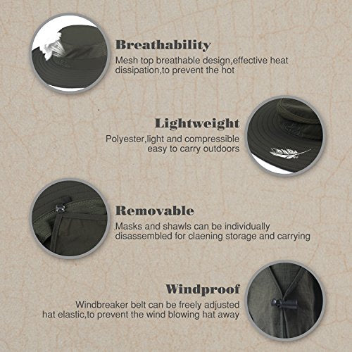 Fishing Hat,Sun Cap with UPF 50+ Sun Protection and Neck Flap,for Man and Women - color: Dark Green