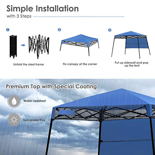 Tangkula 7x7 Ft Pop Up Canopy, Slant Leg Outdoor Tent with Carry Bag & 4 Stakes, Compact Portable Canopy Tent for Hiking Camping Fishing & Picnic, 7x7 Base, 6x6 top - color: Blue+Black, size: 7x7 Ft