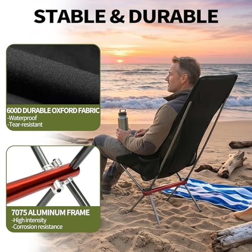 SHALLWE Camping Chairs, All Aluminum Frame Portable Folding Camp Chair for Adults, Heavy Duty High Back Collapsible with Built-in Pillow, Side Pocket, Carry Bag for Backpacking, Hiking, Beach - color: Black