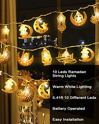Ramadan Decorations, 10 LEDs Eid Moon Star Kerosene Lantern Lamp 5.41 Feet, Mubarak Moon String Lights, Battery Operated, Ramadan Decorations for Home 2024 Eid Mubarak (Warm White Color) مصباح رمضان - style: Art Deco