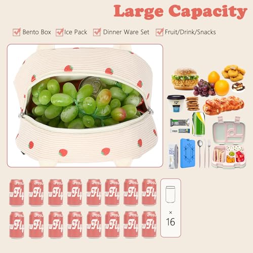 FlowFly Insulated Lunch Bag for Women – Corduroy Lunch Tote Box, Cute Cooler Bag for Work, Travel, Picnic, Corduroy Strawberries Beige - color: Corduroy Strawberries Beige