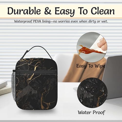 Black Gold Marble Reusable Lunch Bag,Modern Abstract Insulated Lunch Box with Side Pockets for Girls Boys Women Portable Thermal Cooler Bag for Teens School,Work,Picnic,Beach - color: Black Gold Marble