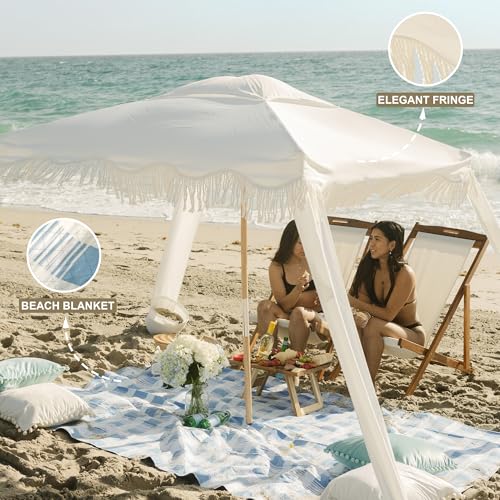 AMMSUN Beach Cabana with Beach Blanket, 7' x 7' Boho Canopy with Tassels, Premium Wood Pole, Fringe Cabana Tent with Sand Pockets, Instant Sun Shade for Sand, Garden, Outdoor, Elegant White - color: Elegant White with Beach Blanket
