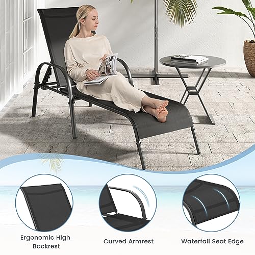Giantex 2 Pack Patio Lounge Chair, Outdoor Chaise Lounge with 5 Adjustable Backrest, Sturdy Steel Frame, Sunbathing Recliner, Beach Chair, Tanning Chair for Outside, Yard, Balcony, Pool Chairs, Black - color: Black